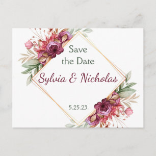 Foliage Botanical Burgundy Roses Save the Dates  Announcement Postcard