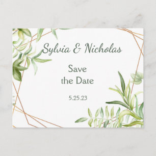 Foliage Botanical Geen Teal Gold Save the Dates Announcement Postcard