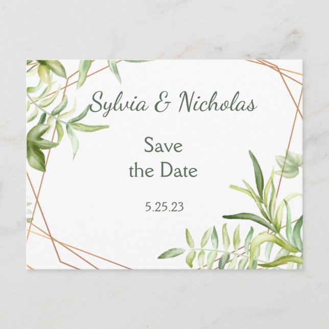 Foliage Botanical Geen Teal Gold  Save the Dates   Announcement Postcard (Front)