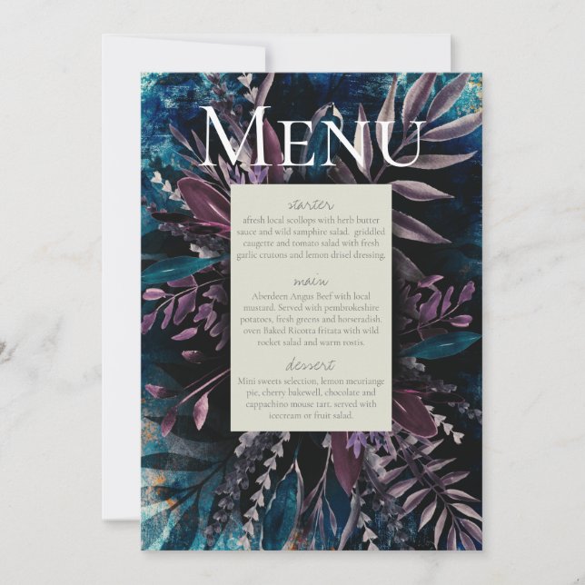Foliage bouquet painted blues menu invitation (Front)