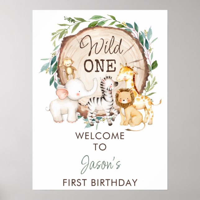 Foliage Boys Safari First Birthday Welcome Sign (Front)