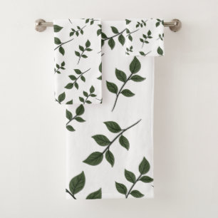 Foliage Branches with Green Leaves on White Bath Towel Set