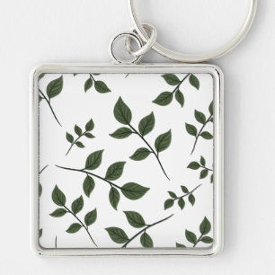 Foliage Branches with Green Leaves on White Keychain