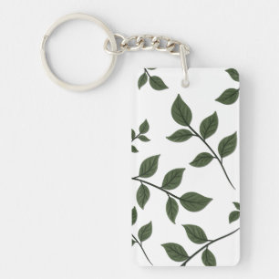Foliage Branches with Green Leaves on White Keychain