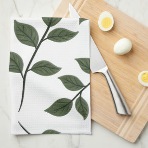 Foliage Branches with Green Leaves on White Kitchen Towel
