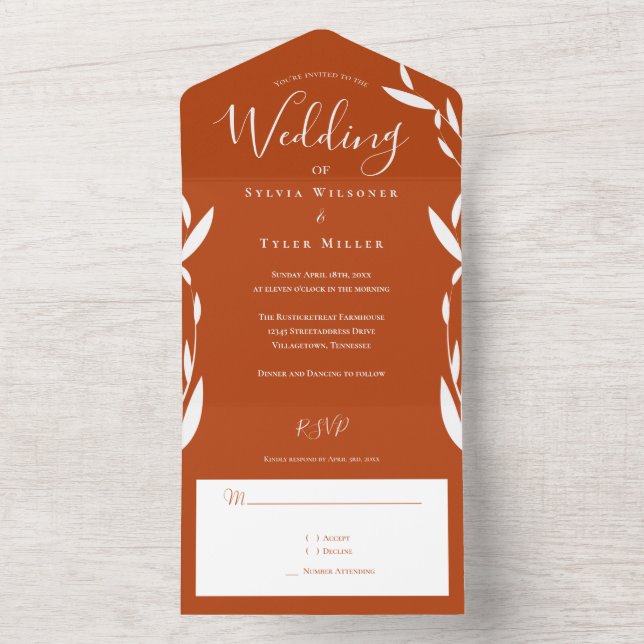Foliage Burnt Orange White Wedding All In One Invitation (Inside)