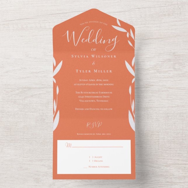 Foliage Coral White Wedding All In One Invitation (Inside)