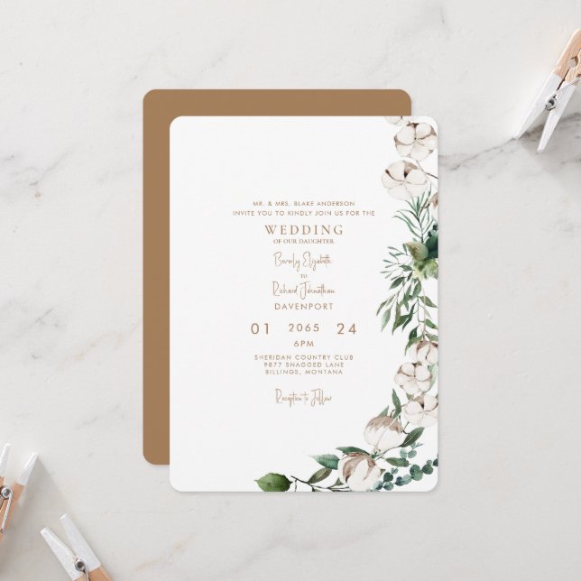 Foliage & Cotton Modern Gold Rounded Wedding  Invitation (Front/Back In Situ)