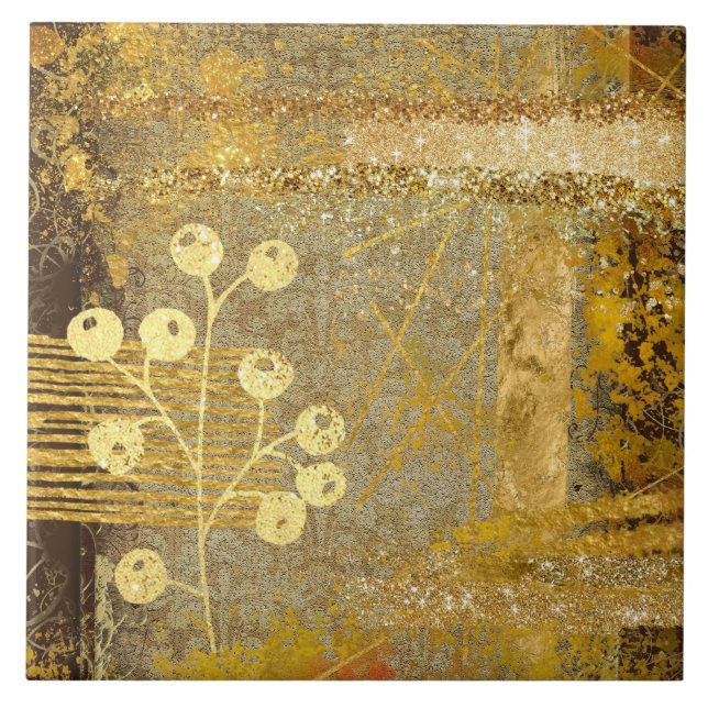 Foliage distressed brown glitter abstract gold tile (Front)