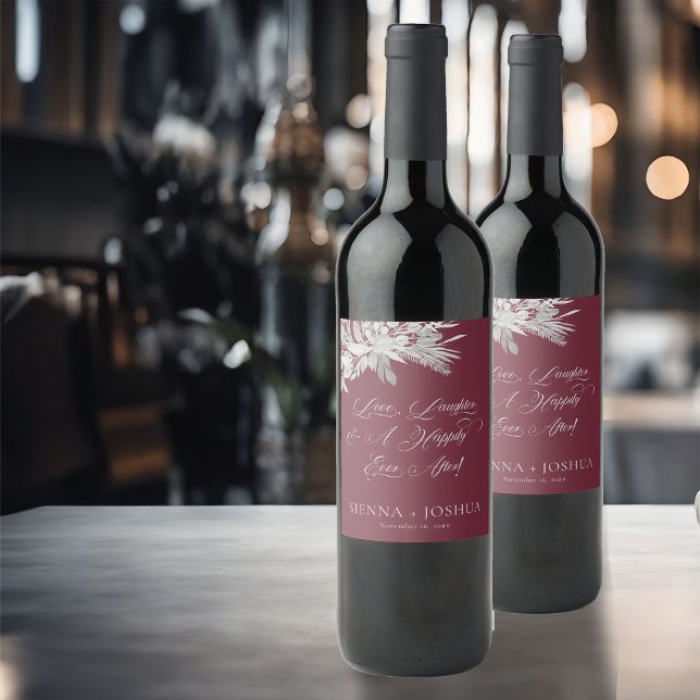 Foliage Duet Burgundy Grey Botanical Wedding Toast Wine Label (Wedding Wine Labels in burgundy and grey from the Foliage Duet Collection by Darling & May)