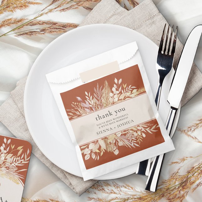 Foliage Duet Terracotta Cream Botanical Thank You Favour Bag (Favor Bags for your wedding guests with personalized thank you message)