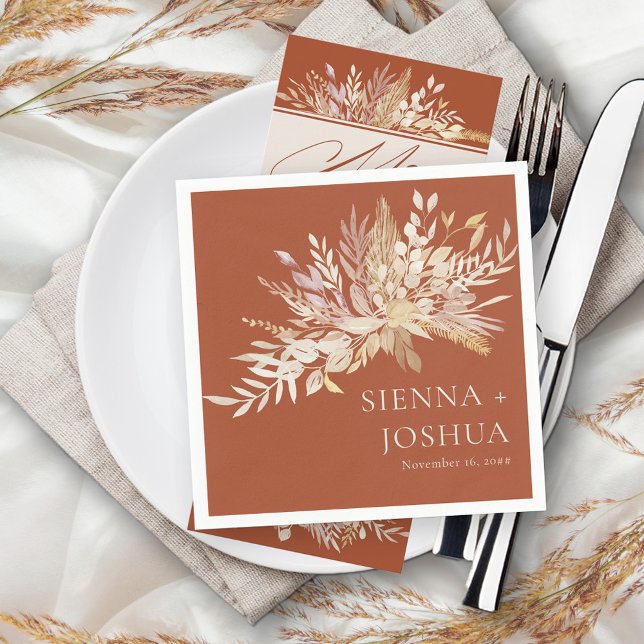 Foliage Duet Terracotta Cream Botanical Wedding Napkin (Terracotta wedding cocktail napkins with bride and groom names and elegant foliage)