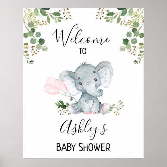 Foliage Elephant Balloons Baby Shower Welcome Sign (Front)