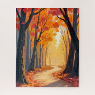 Foliage Forest Stroll Orange Watercolor Painting Jigsaw Puzzle