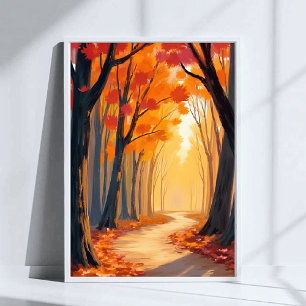 Foliage Forest Stroll   Orange Watercolor Painting Poster