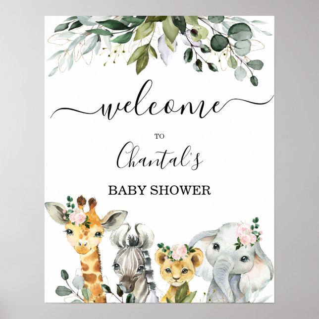 Foliage Girls Safari Baby Shower Welcome Sign (Front)