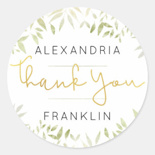 Foliage Gold Handwritten Script THANK YOU Classic Round Sticker