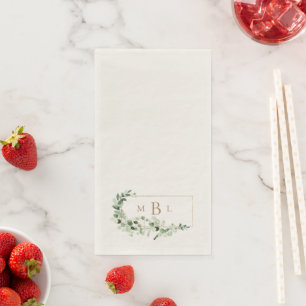 Foliage & Gold Monogram White Elegant Napkin