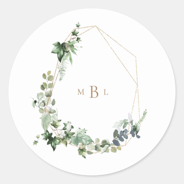 Foliage & Gold Monogram White Elegant Wedding Classic Round Sticker (Front)