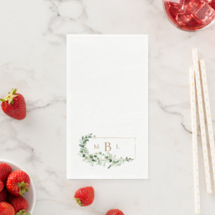 Foliage  & Gold Monogram White Elegant Wedding Napkin