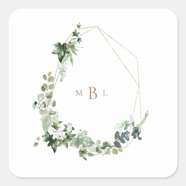 Foliage  & Gold Monogram White Wedding Square Sticker (Front)