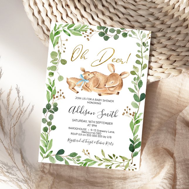 Foliage Green Border Deer Fawn Boys Baby Shower  Invitation (Foliage Frame Oh Deer Baby Shower Invitation, Greenery Deer Themed Baby Shower Invite, Blue Bow Fawn)