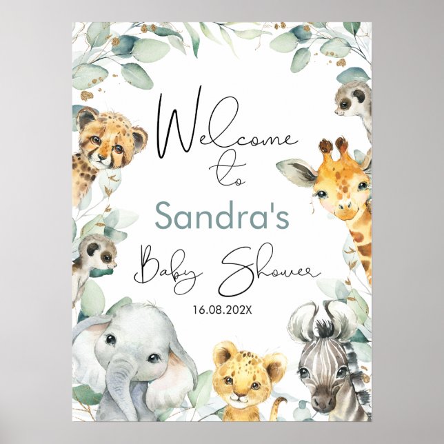 Foliage Green Gold Safari Baby shower Affiche de b (Devant)
