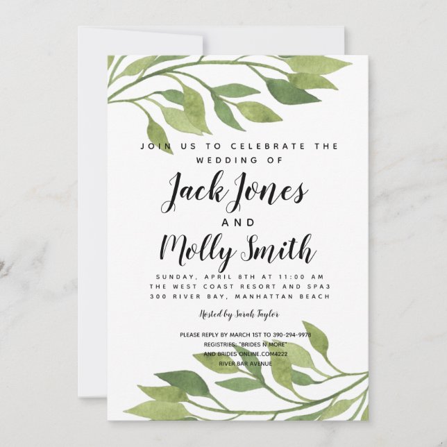 foliage green leaf modern wedding invite (Front)