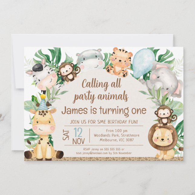 Foliage Hat Safari Arch Party Animals 1st Birthday Invitation (Front)