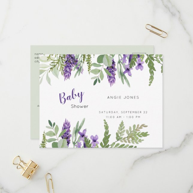 Foliage Lavender and Mint baby Shower Invitation (Front/Back In Situ)