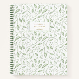Foliage Leaves Green White Hand Drawn Vintage Name Notebook