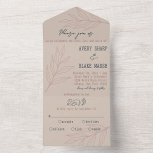 Foliage Line Art Champagne, Pink, & Navy Boho All In One Invitation