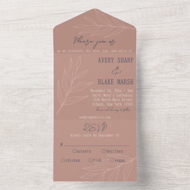 Foliage Line Art Light Terracotta & Navy Boho All In One Invitation (Inside)