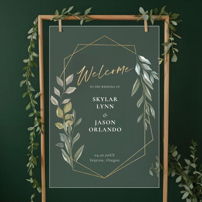 Foliage minimal et Terrarium géométrique Or Bienve (Minimal Foliage & Gold Geometric Terrarium Welcome Acrylic Sign)