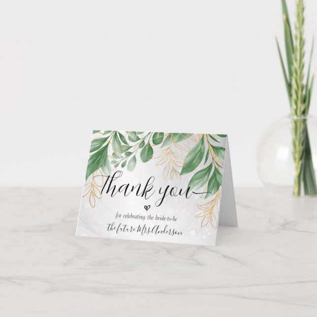 Foliage Minimal Script Bridal Shower Thank You Card (Front)
