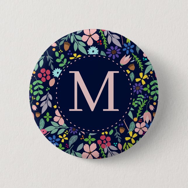 Foliage Modern Floral Monogram 2 Inch Round Button (Front)