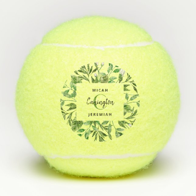Foliage Monogram Wedding Gift Names Custom Tennis Balls (Front)