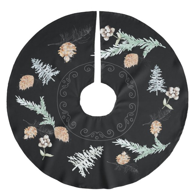 Foliage & Pine Cone Black Tree Skirt (Front)