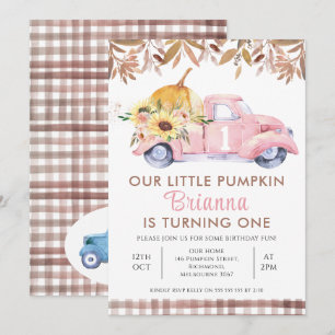 Foliage Pink Truck Little Pumpkin 1st Birthday Invitation