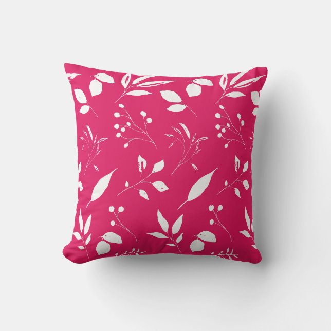 Foliage Raspberry Pink and White Throw Pillow (Front)
