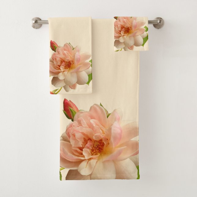 Foliage Roses Bud on Peach Background Bath Towel Set (Insitu)
