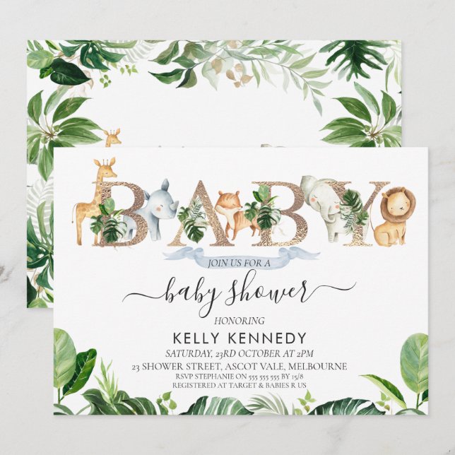 Foliage Safari Animals Word Baby Shower Invitation (Front/Back)