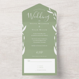 Foliage Sage Green White Wedding All In One Invitation