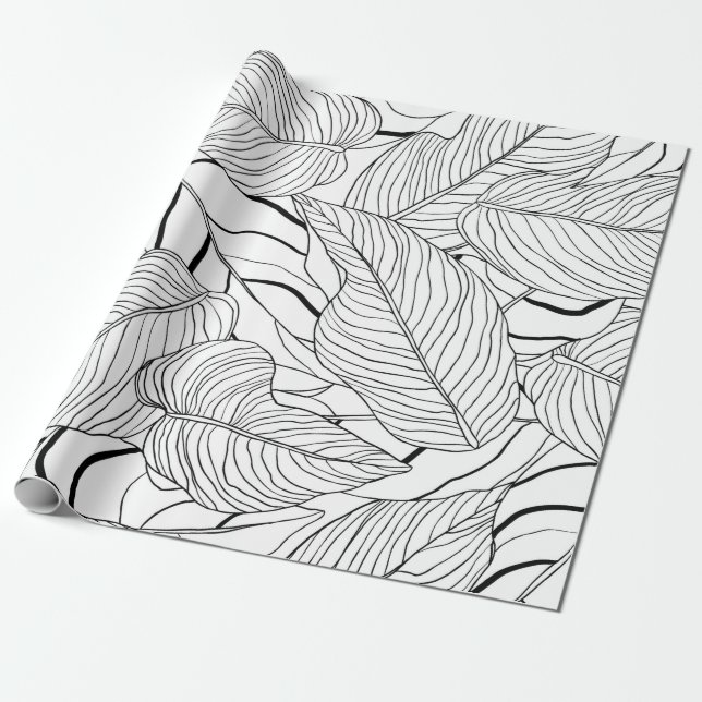 Foliage seamless pattern, long leaves line art ink wrapping paper (Unrolled)
