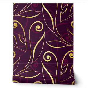 Foliage & Swirls Modern Damask Purple and Gold Wallpaper