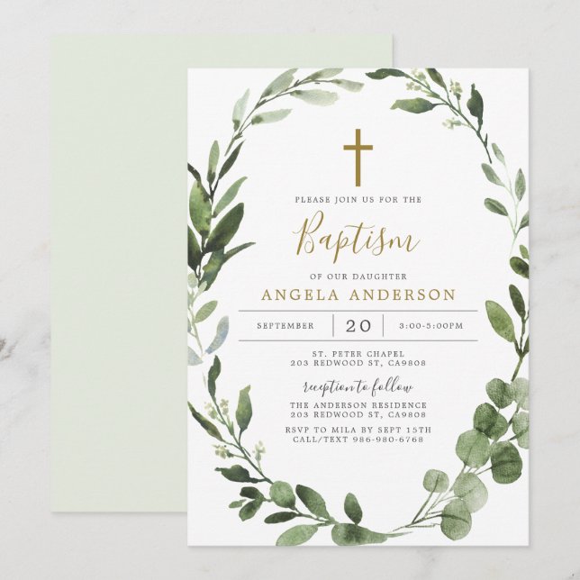 Foliage Verdure Baptême / Invitation Christening (Devant / Derrière)