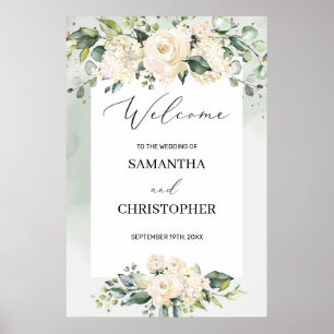 Foliage vert Boho Blanc Florals Affiche de bienven