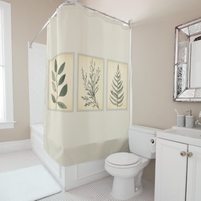 Foliage Vert Neutre Beige Douche Rideau (En situation)