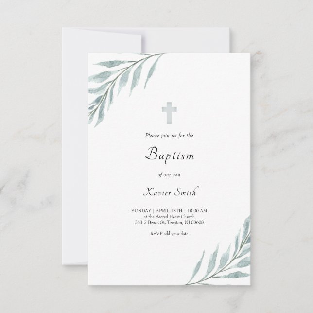 foliage watercolor design Baptism invitation (Front)