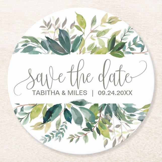 Foliage Wedding Save the Date Announcement Round Paper Coaster (Front)